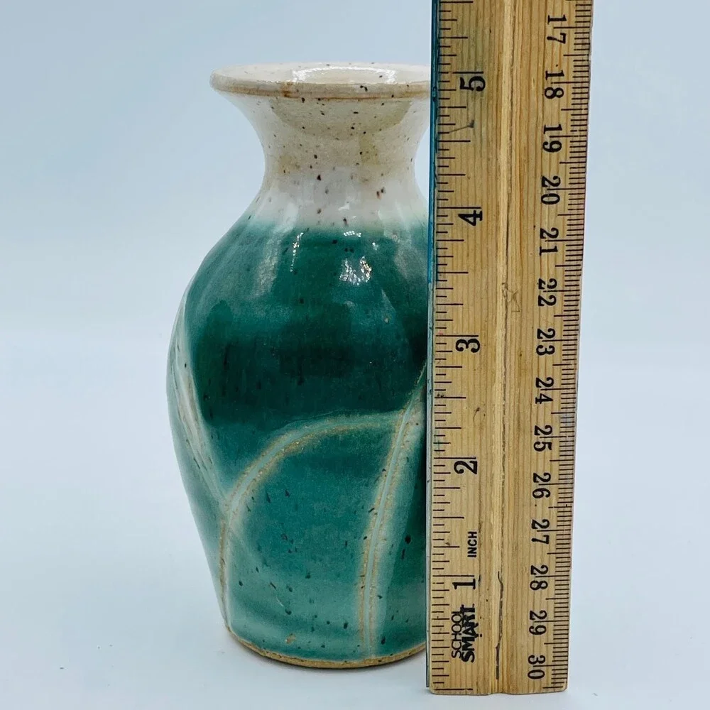 Vintage Handmade Pottery Ceramic Vase Green Gold Speckled Glaze 5